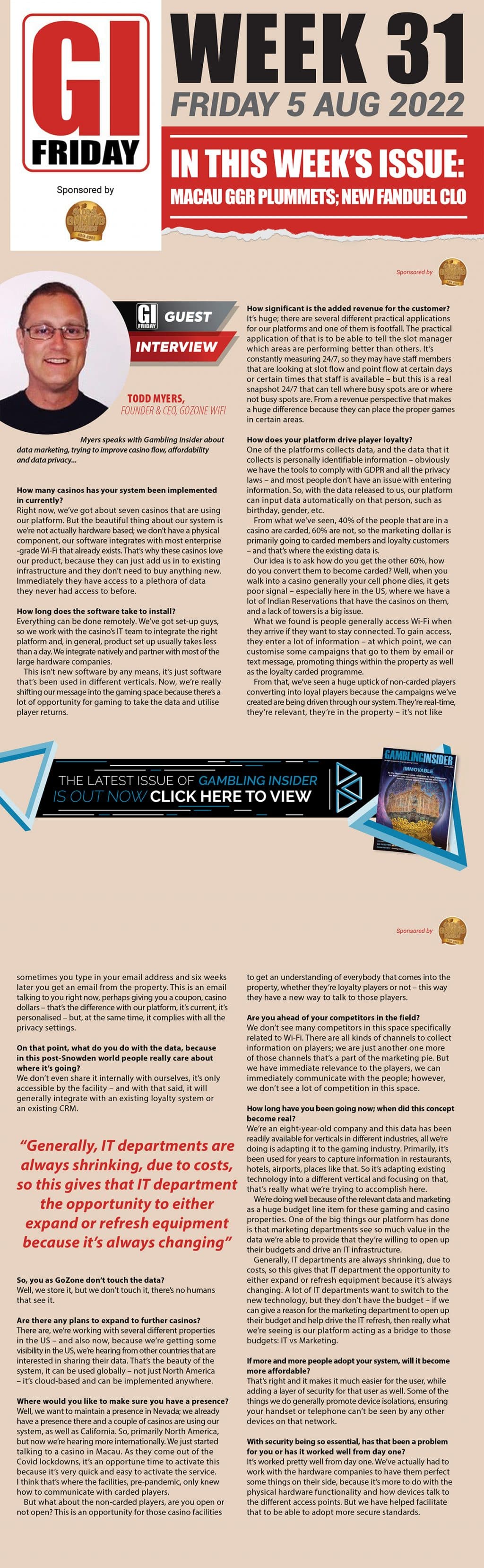 Image of Gambling Insider's interview article with CEO and Founder of GoZone WiFi