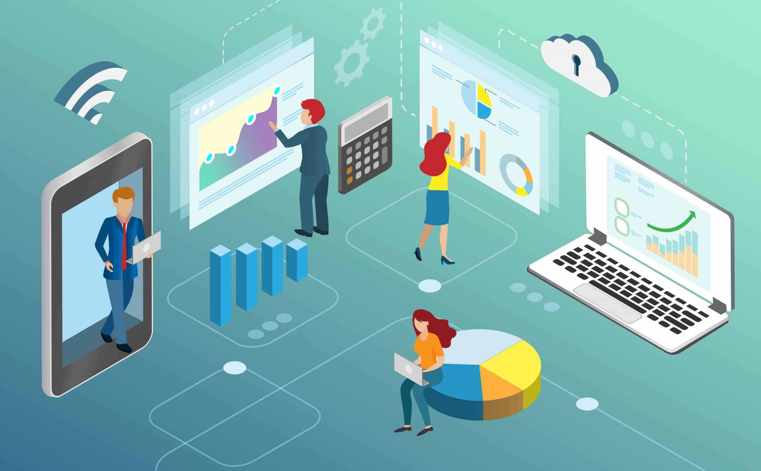 Cartoon of people analyzing data over WiFi. Wi-Fi Now World Congress
